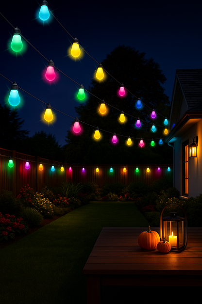 Evura RGB lichtsnoer buiten als sfeerverlichting in een tuin – multicolor lampen creëren warme ambiance voor zomeravonden en feestjes.
