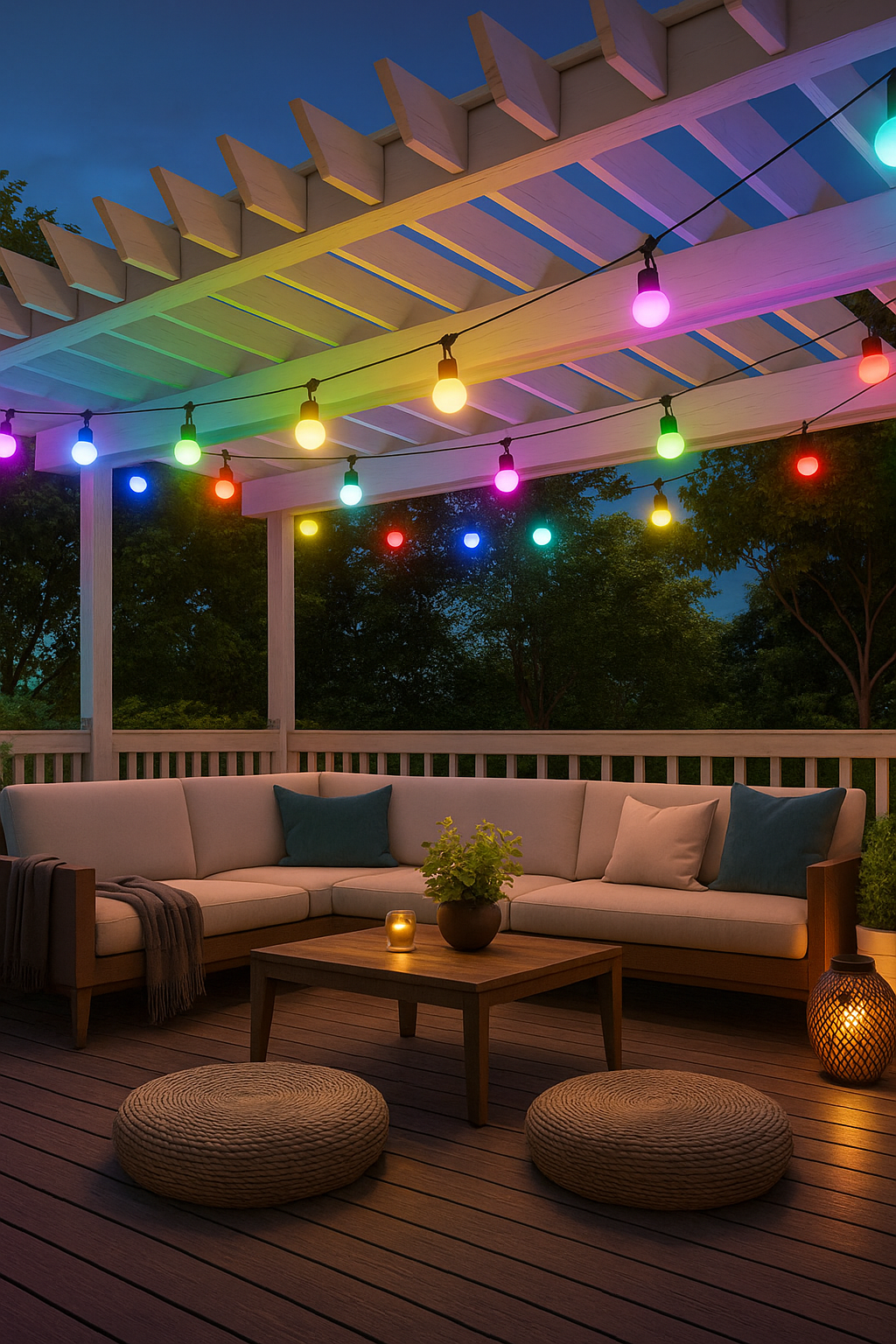 Evura RGB lichtsnoer buiten als sfeerverlichting op een veranda – multicolor verlichting zorgt voor een warme ambiance op het terras.
