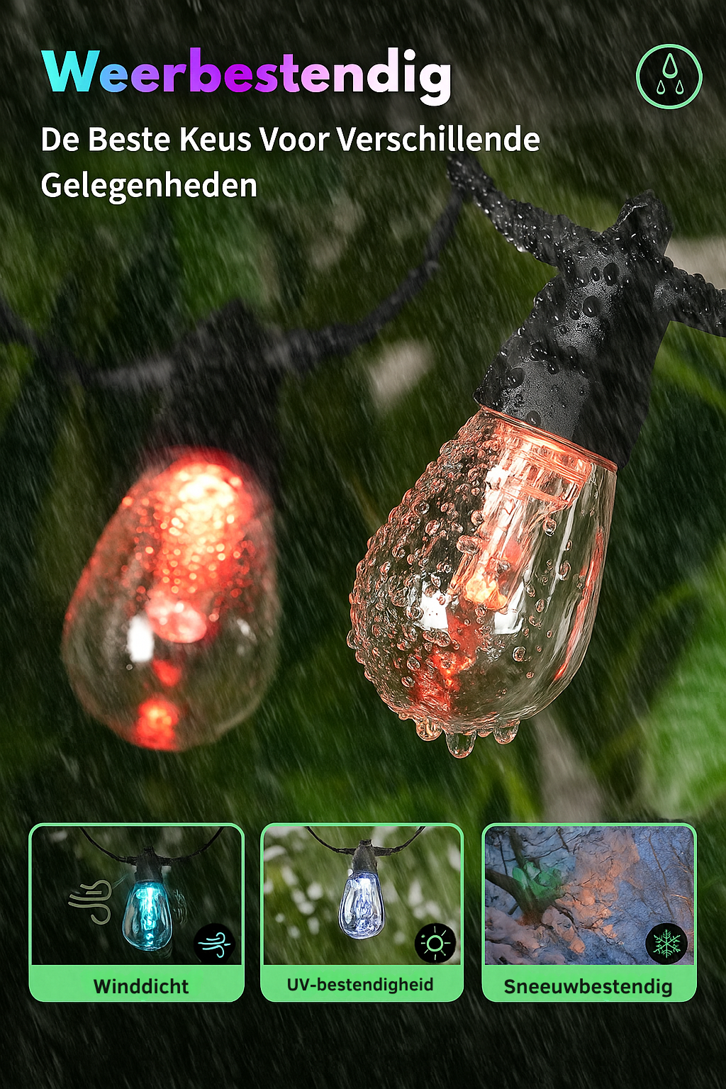 Close-up van Evura RGB lichtsnoer buiten met regendruppels – IP65 weerbestendig, winddicht, UV-bestendig en sneeuwbestendig voor elk seizoen.
