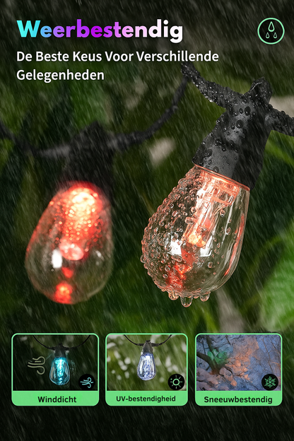 Close-up van Evura RGB lichtsnoer buiten met regendruppels – IP65 weerbestendig, winddicht, UV-bestendig en sneeuwbestendig voor elk seizoen.
