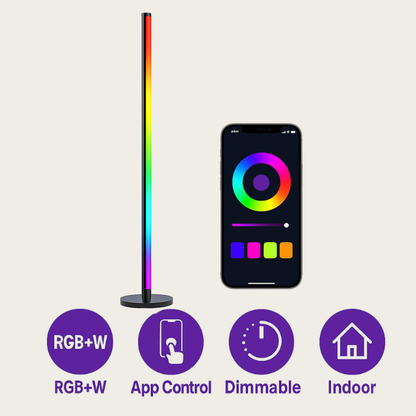Evura slimme staande lamp met RGBW kleurverlichting, dimbaar en eenvoudig te bedienen via mobiele app — perfect voor binnengebruik.
