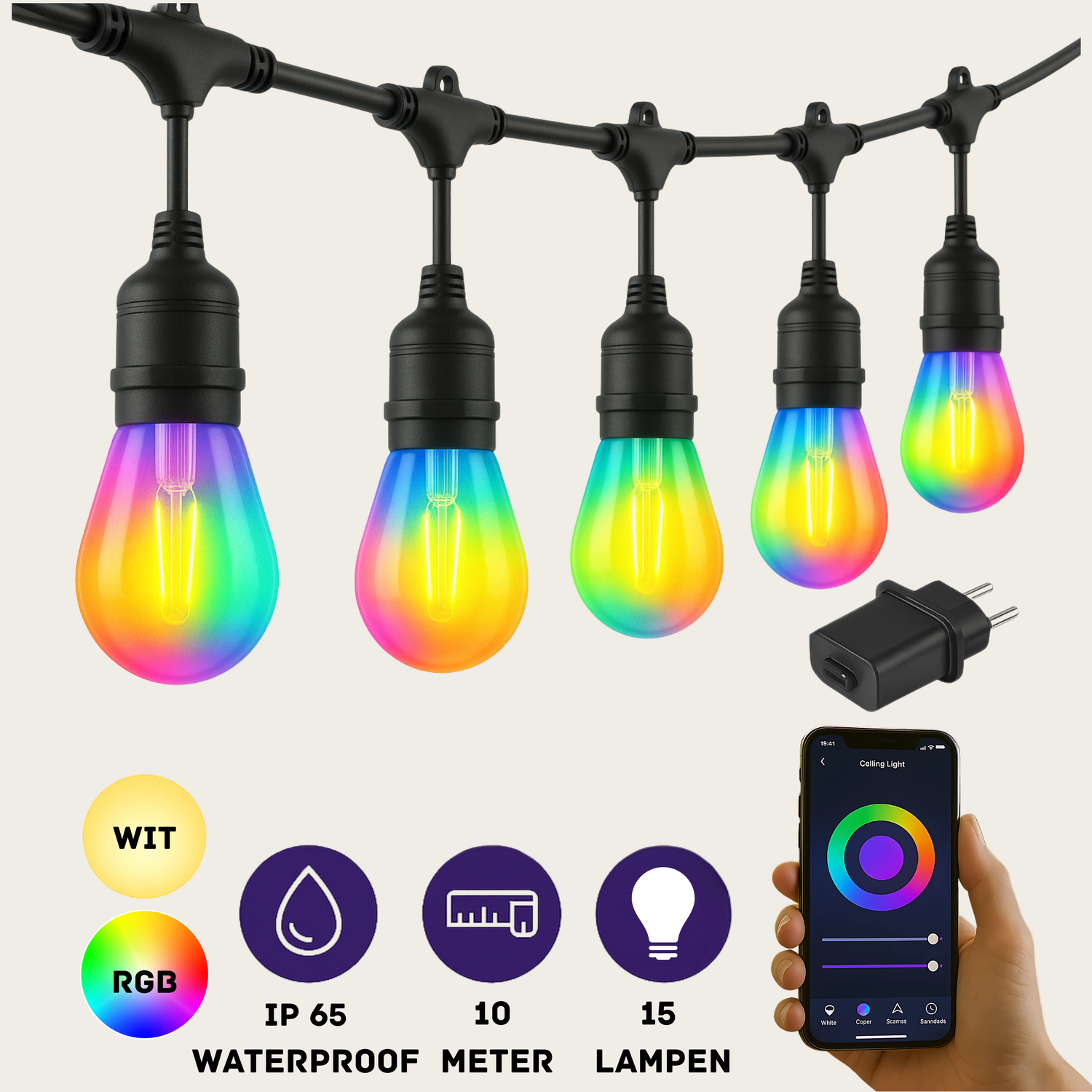Evura smart lichtsnoer voor buiten van 10 meter met 15 RGB LED lampen, WiFi-bediening en IP65 waterdicht. Verander kleuren via app of spraakbesturing.
