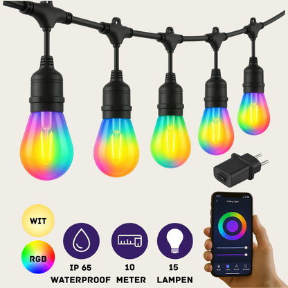 Evura smart lichtsnoer voor buiten van 10 meter met 15 RGB LED lampen, WiFi-bediening en IP65 waterdicht. Verander kleuren via app of spraakbesturing.
