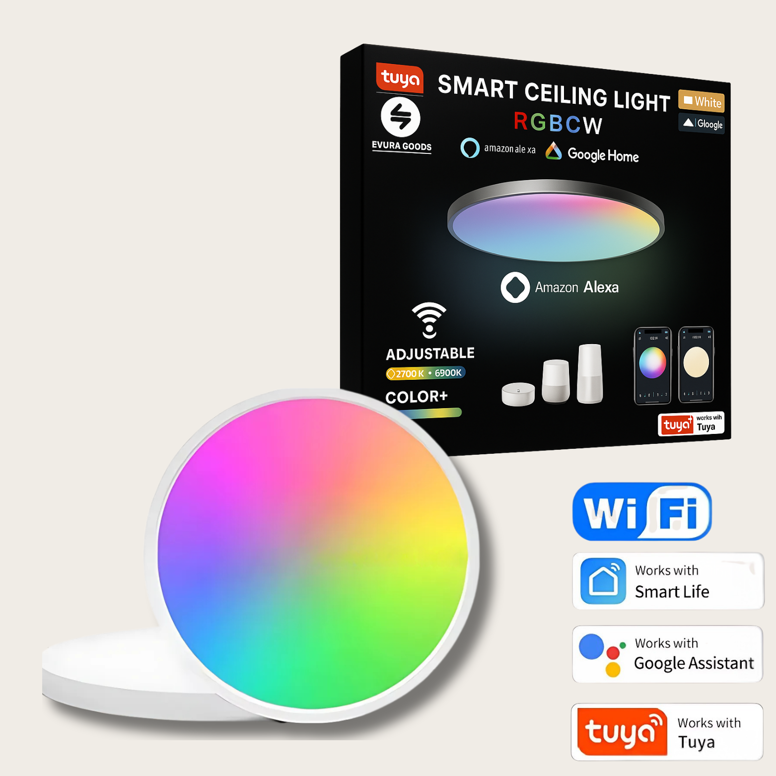 Evura smart plafondlamp met RGB CW verlichting, WiFi-verbinding en compatibel met Tuya, Google Assistant en Amazon Alexa. Dimbaar en aanpasbaar in kleur en temperatuur.
