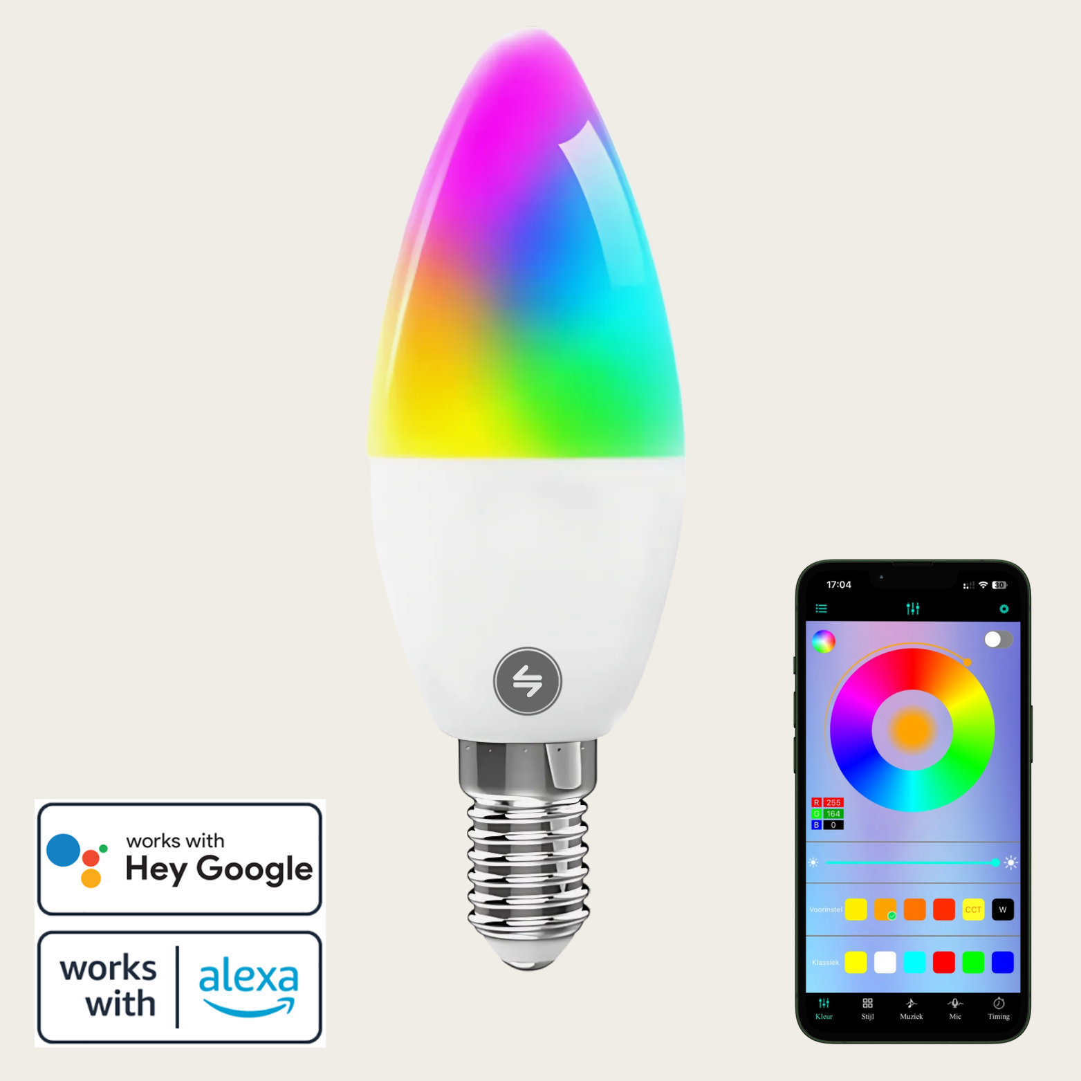 Evura smart RGB LED-lamp met E14fitting, compatibel met Google Assistant en Alexa, bedienbaar via app en spraakcommando's
