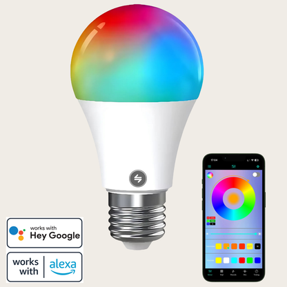 Evura smart RGB LED-lamp met E27 fitting, werkt met Google Assistant en Alexa, bedienbaar via app en spraakbesturing