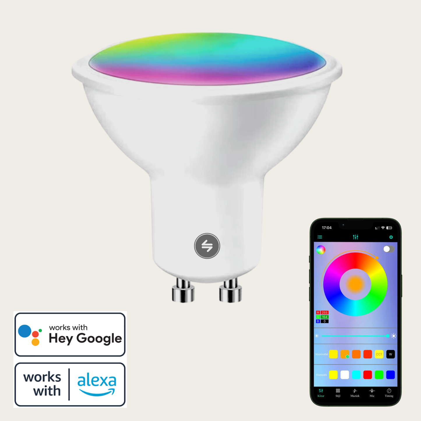 Evura smart RGB LED-lamp met GU10 fitting, compatibel met Google Assistant en Alexa, bedienbaar via app en spraakcommando's