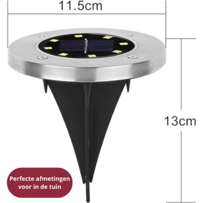 Afmetingen van de Evura solar grondspot: solar verlichting 11,5 cm breed en 13 cm hoog. Compact en stijlvol ontwerp dat perfect past in tuinpaden, borders en terrassen, .
