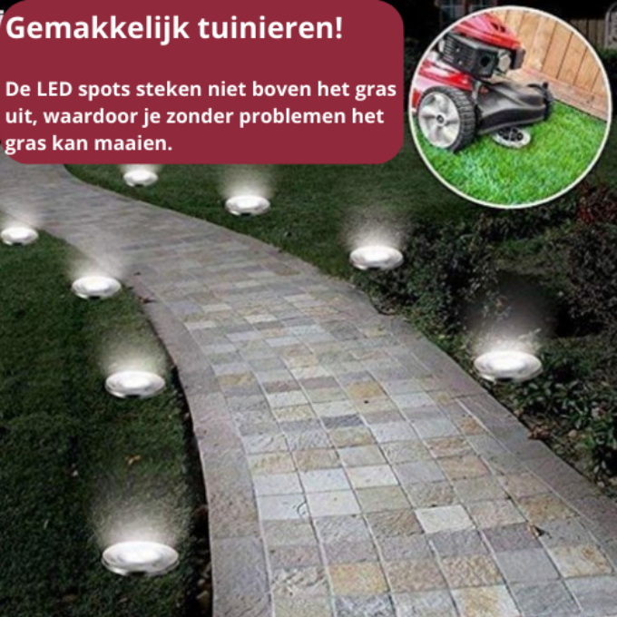 Evura solar grondspots steken niet boven het gras uit, waardoor je zonder problemen kunt maaien. Ideaal voor tuinpaden en gazons.
