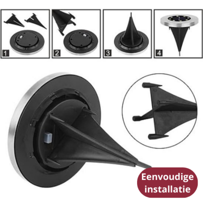 Eenvoudige installatie van Evura solar grondspots. Klik het grondpen-onderdeel vast en plaats de spot direct in de grond, zonder kabels of gereedschap.
