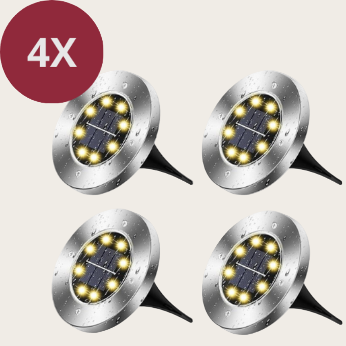 Set van 4 Evura solar grondspots met waterdicht ontwerp. Perfect voor tuinpaden, borders en opritten. Oplaadbaar via zonne-energie en automatisch inschakelend bij schemering.
