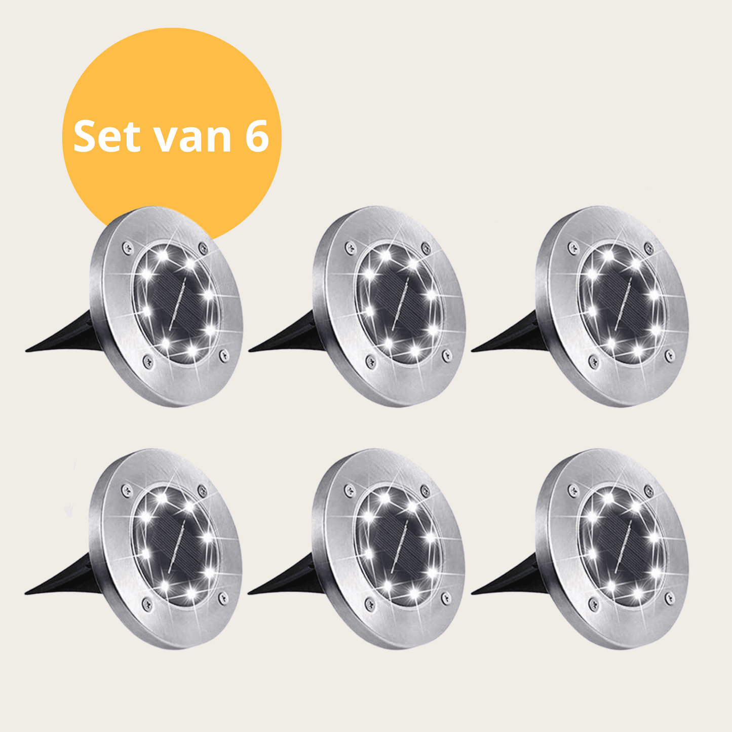 Set van 6 Evura solar grondspots met waterdicht ontwerp. Perfect voor tuinpaden, borders en opritten. Oplaadbaar via zonne-energie en automatisch inschakelend bij schemering.
