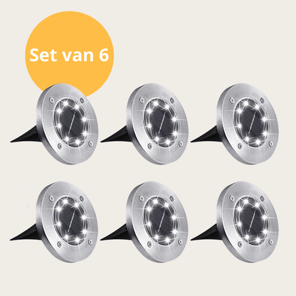 Set van 6 Evura solar grondspots met waterdicht ontwerp. Perfect voor tuinpaden, borders en opritten. Oplaadbaar via zonne-energie en automatisch inschakelend bij schemering.
