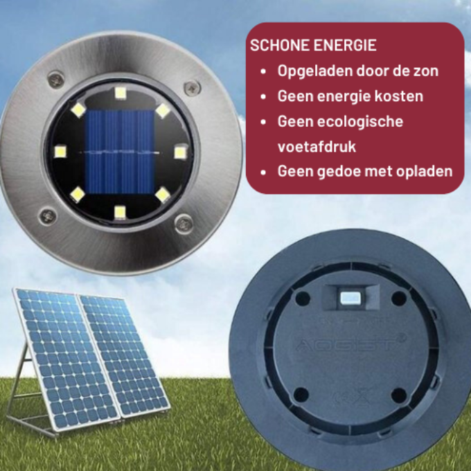 Evura solar grondspots werken volledig op zonne-energie. Geen stroomkosten, geen bedrading en een milieuvriendelijke keuze voor duurzame tuinverlichting.

