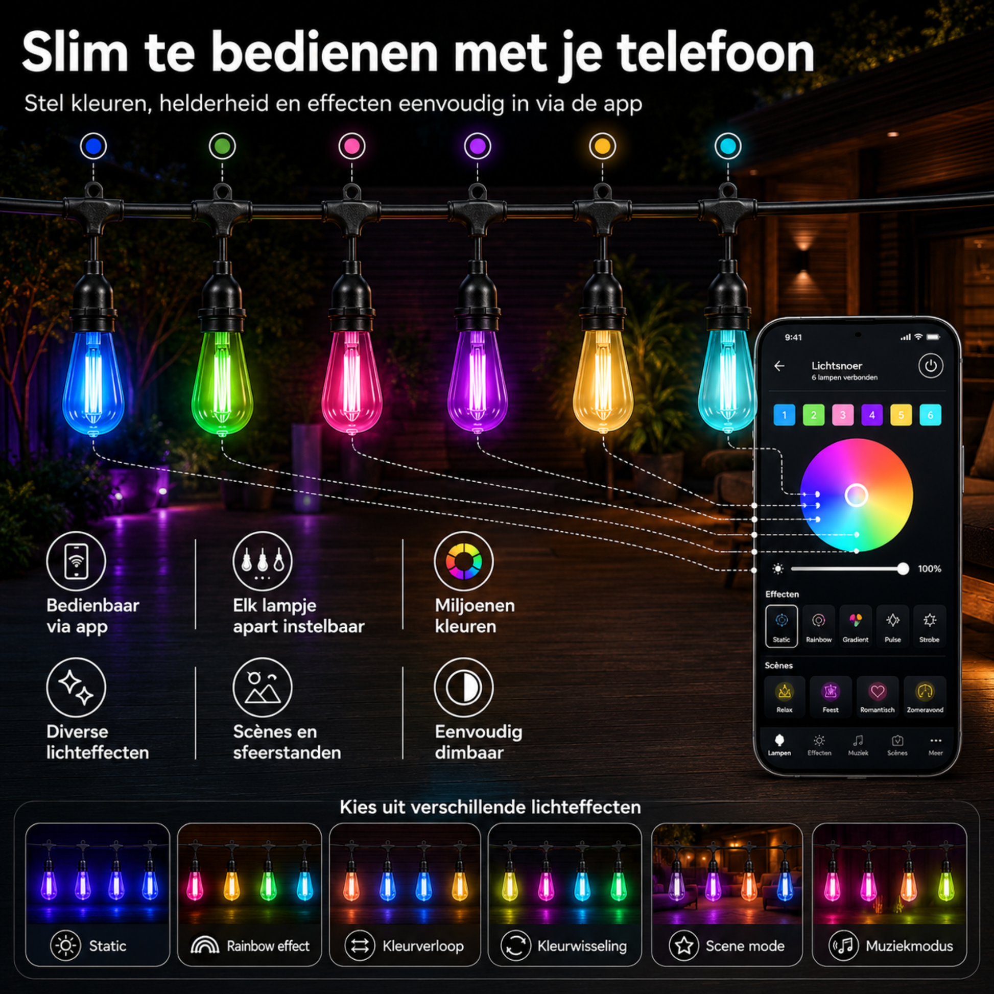 Evura RGB Lichtsnoer Buiten – Multicolor Smart LED Lampen – App Bediening - Evura Goods