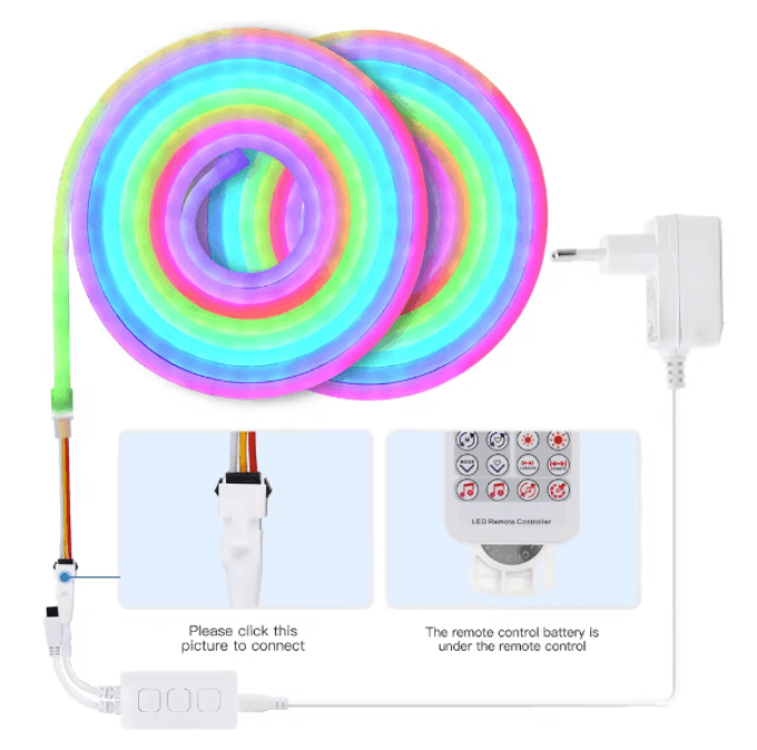 Volledige RGB LED-stripset met aansluiting, voeding en afstandsbediening van Evura, inclusief instructies voor installatie