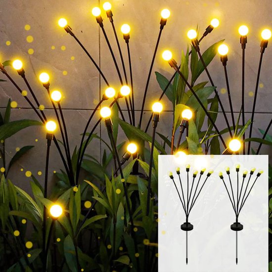 Vuurvliegjes Solar Tuinverlichting Set van 2 – Warm Licht, IP65 & Zonne-energie, 6 lampjes