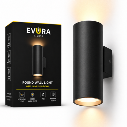 Evura Ronde Wandlamp Buiten - Zwart - Up Downlight - IP65 - Wit Licht - Evura Goods